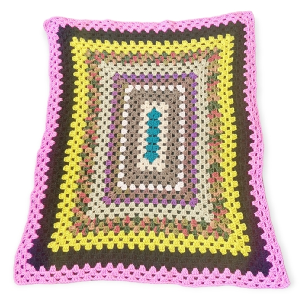 Vintage‎ Granny Square Crocheted  Afghan 70's boho Electric style